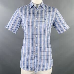 PAL ZILERI Size L Blue White Plaid Linen Short Sleeve Shirt